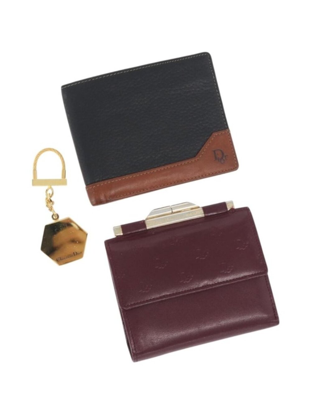 Christian Dior Wallet Leather 3 Set Bordeaux Navy gold
